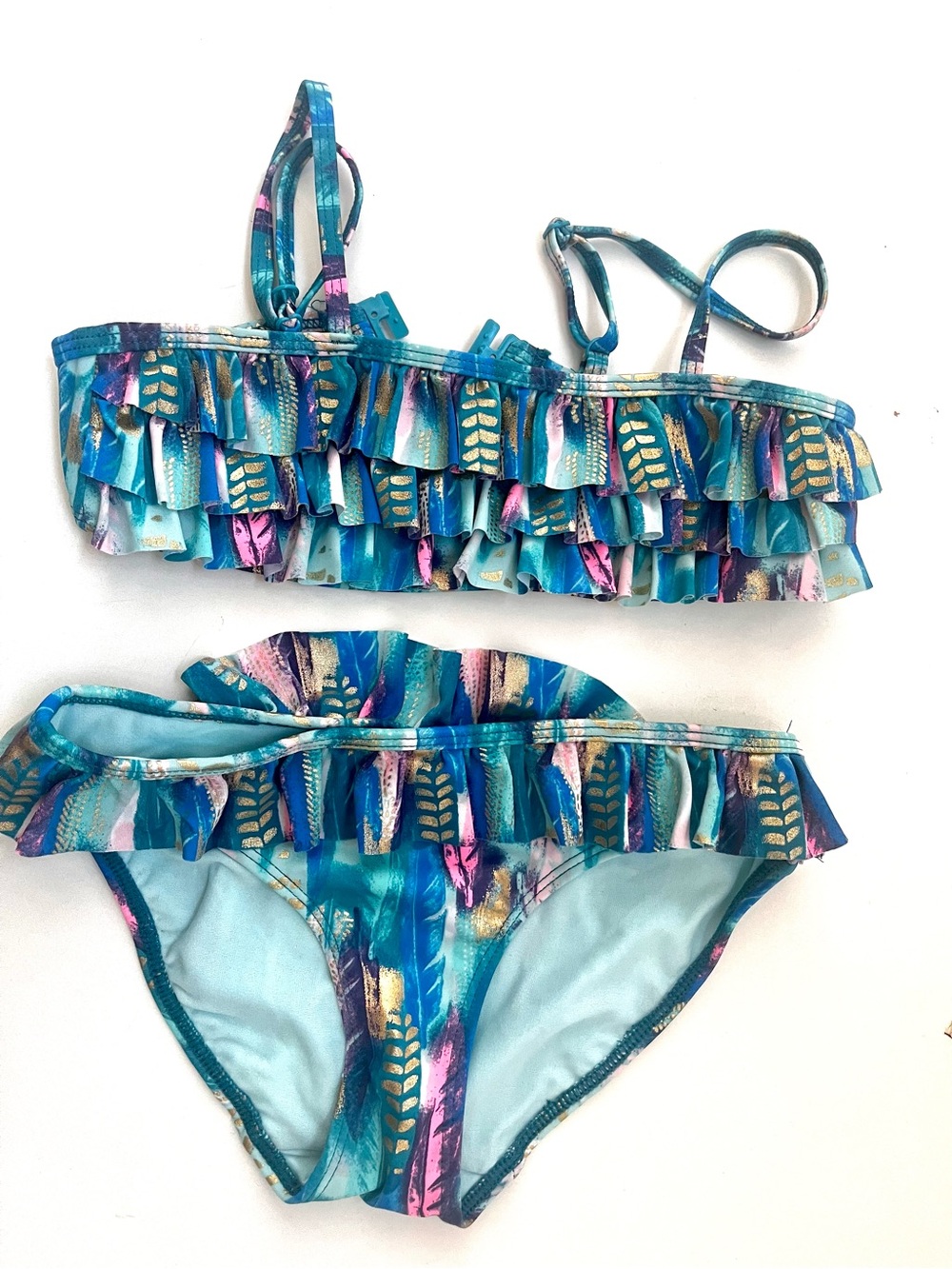 H&M size 8-10 Teal Ruffle Two-Piece Swim Set with Pink and Gold Accents